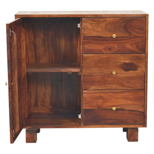 Tula Mini Sideboard – Sheesham Wood Storage with Chestnut Finish & Brass Knobs