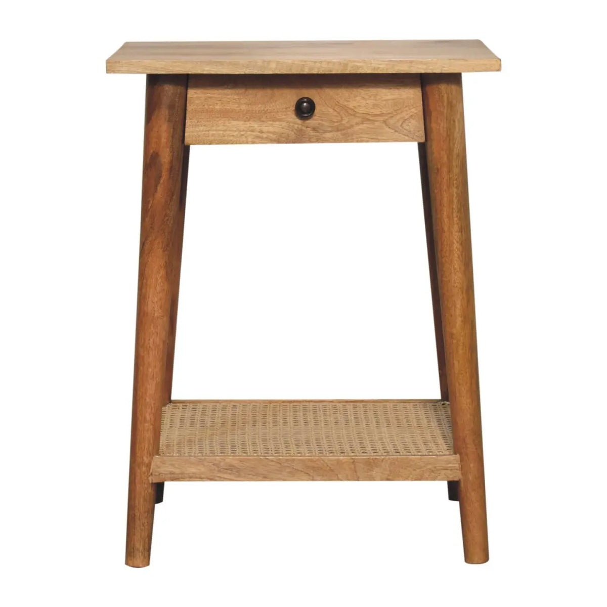 Woven End Table – Solid Mango Wood Oak Finish Jute Shelf