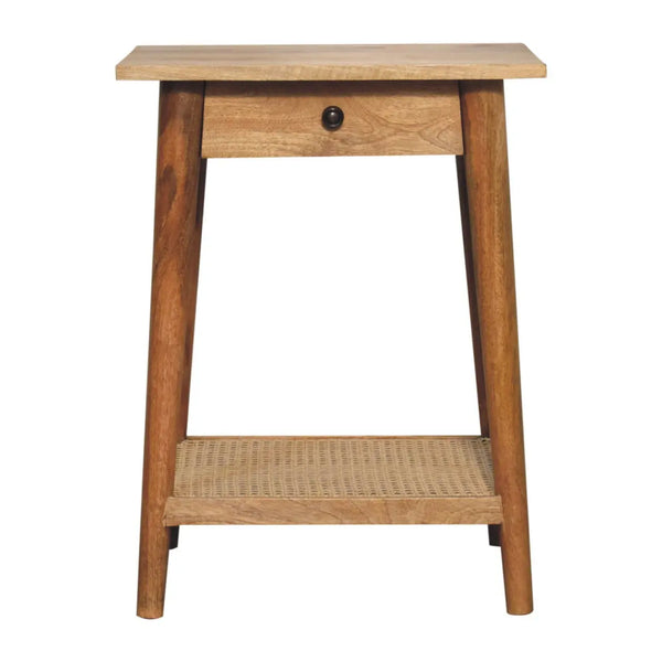 Woven End Table – Solid Mango Wood with Oak Finish and Jute Shelf