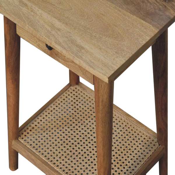 Woven End Table – Solid Mango Wood with Oak Finish and Jute Shelf