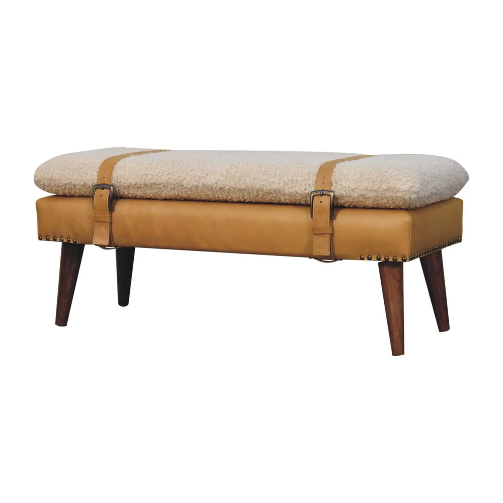 Bouclé x Tan Leather Bench — premium upholstered bench — Living with Luxury