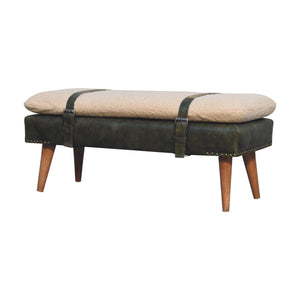 Bouclé Buffalo Hide Olive Green Leather Bench