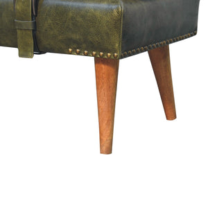Bouclé Buffalo Hide Olive Green Leather Bench