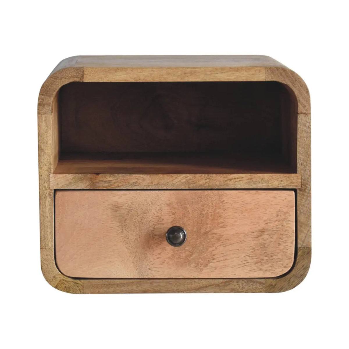 Extra Mini Wall Mounted Curved Oak ish Bedside Open Slot