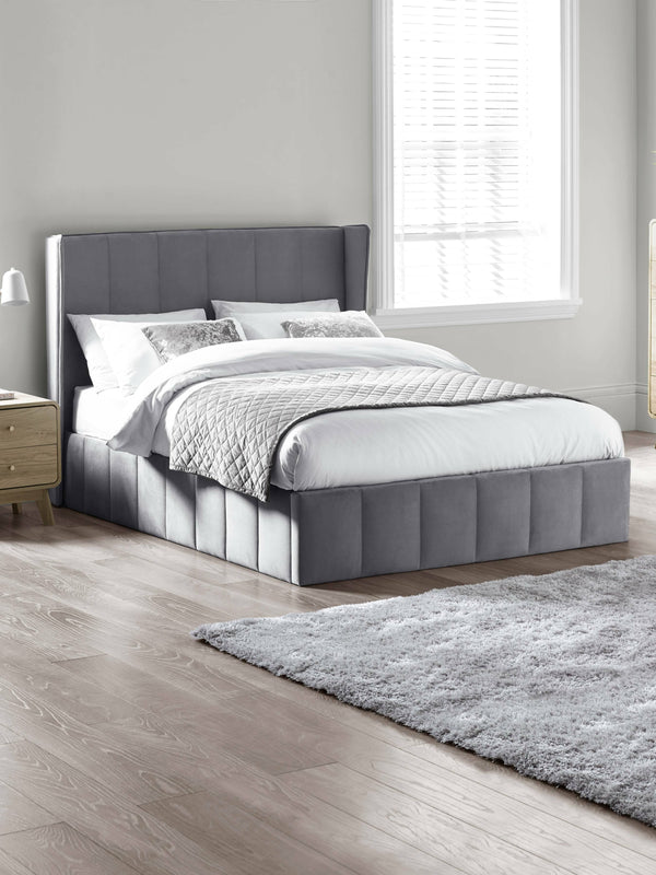 Katie Grey Velvet Upholstered 135cm Double Ottoman Storage Bed - Living with Luxury