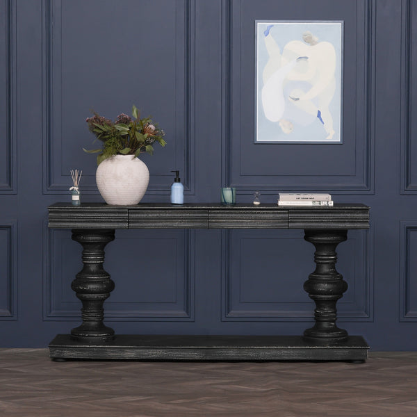 180cm Black Distressed Console Table with Drawers – view 12