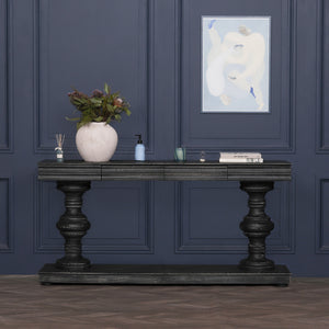 180cm Black Distressed Console Table with Drawers – view 7