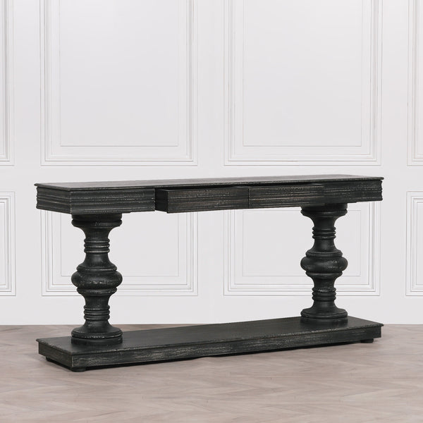 180cm Black Distressed Console Table with Drawers – view 6