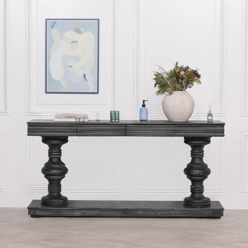 180cm Black Distressed Console Table with Drawers – view 1