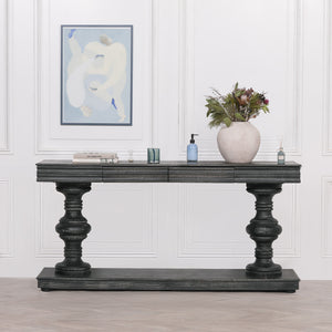 180cm Black Distressed Console Table with Drawers – view 1
