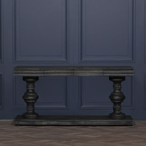 180cm Black Distressed Console Table with Drawers – view 11