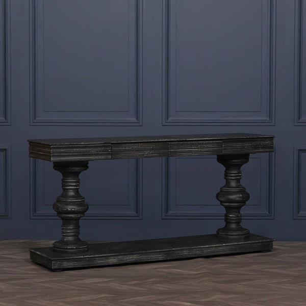 180cm Black Distressed Console Table with Drawers – view 10