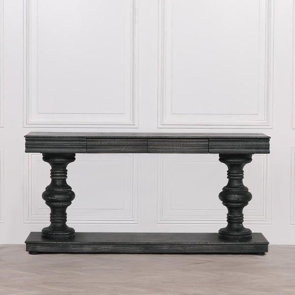 180cm Black Distressed Console Table with Drawers – view 5