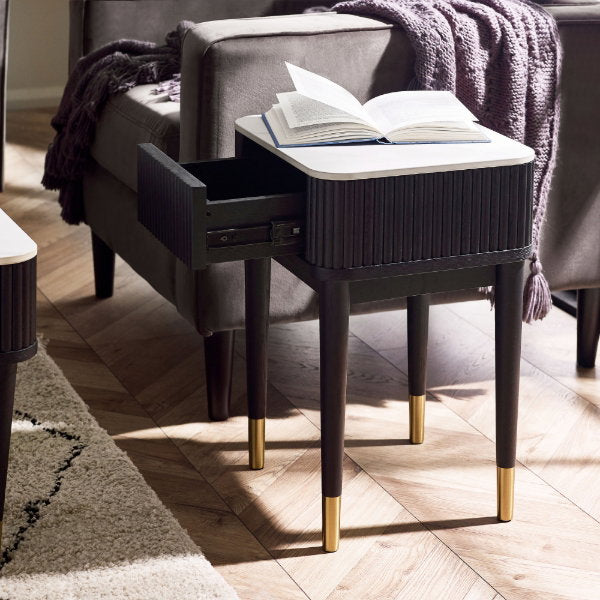 Louis Black Fluted Stone Top Lamp Table With Drawer - Living with Luxury