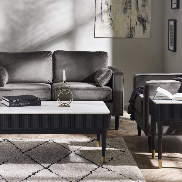 Louis Black Fluted Stone Top Lamp Table With Drawer - Living with Luxury