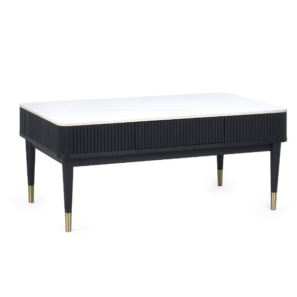 Louis Black Fluted Stone Top Coffee Table With 2 Drawers - Living with Luxury