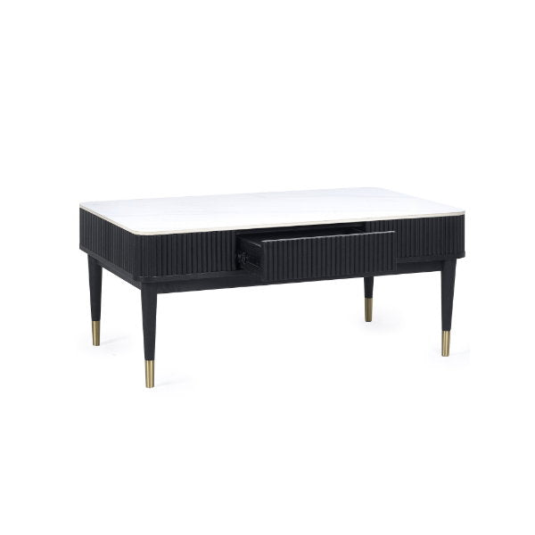 Louis Black Fluted Stone Top Coffee Table With 2 Drawers - Living with Luxury