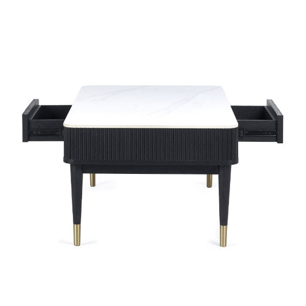 Louis Black Fluted Stone Top Coffee Table With 2 Drawers - Living with Luxury