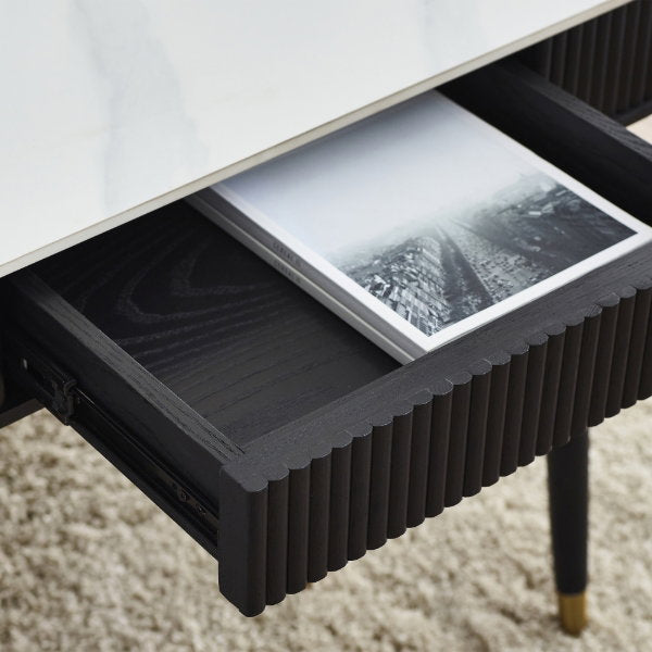 Louis Black Fluted Stone Top Coffee Table With 2 Drawers - Living with Luxury