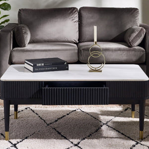 Louis Black Fluted Stone Top Coffee Table With 2 Drawers - Living with Luxury