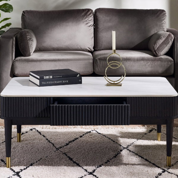 Louis Black Fluted Stone Top Coffee Table With 2 Drawers - Living with Luxury