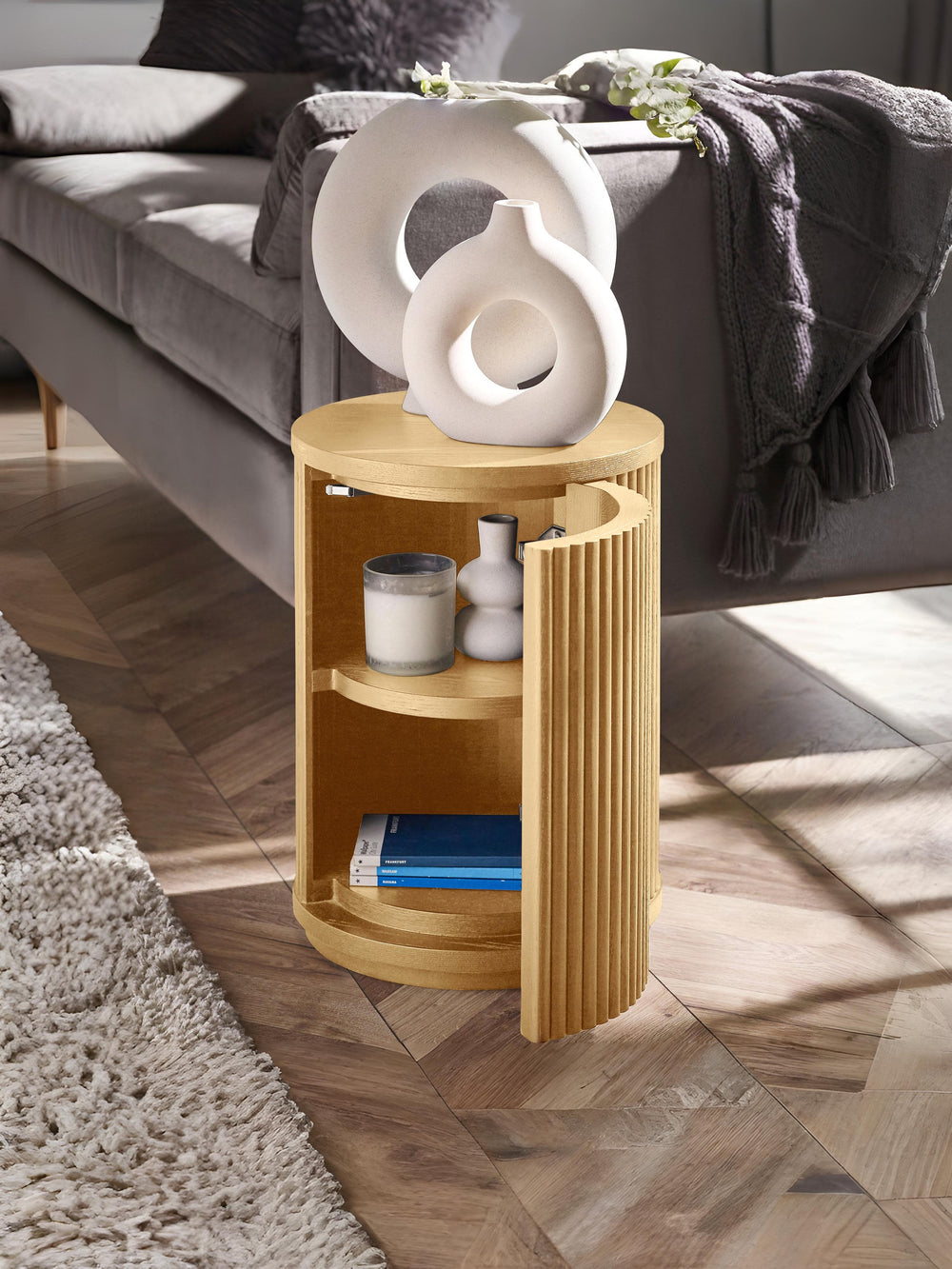 Louis Light Oak Effect Fluted Side Table with Storage - Living with Luxury