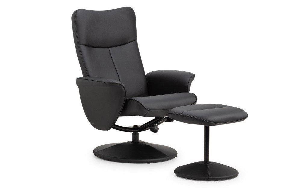 Lugano Recliner & Stool With Covered Base - Black - Living with Luxury