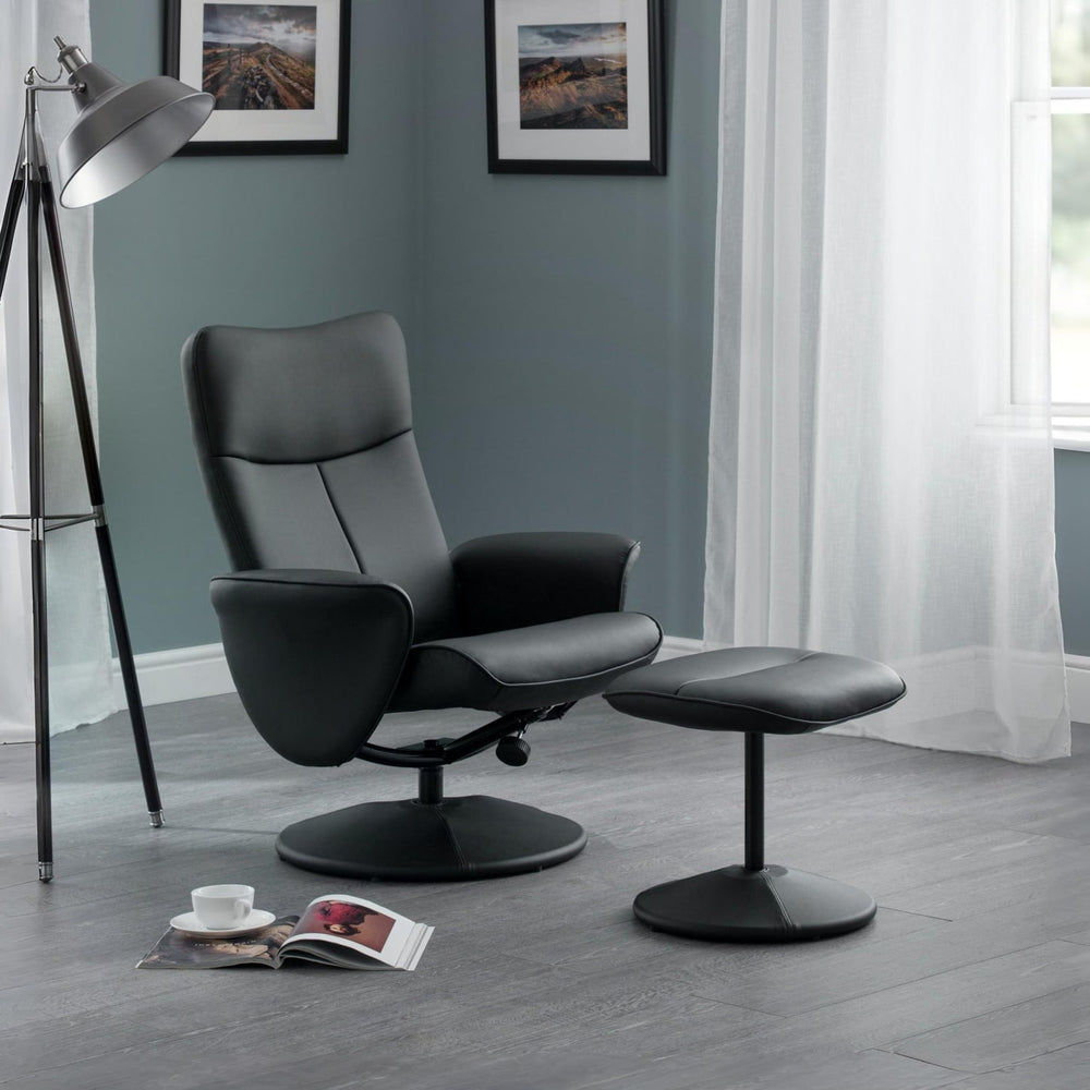 Lugano Recliner & Stool With Covered Base - Black - Living with Luxury