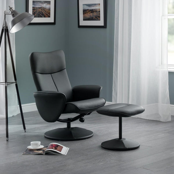 Lugano Recliner & Stool With Covered Base - Black - Living with Luxury