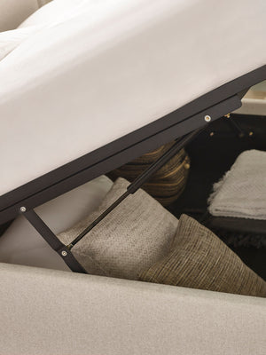 Maddock Beige Upholstered Ottoman Storage 135cm Double Bed - Living with Luxury