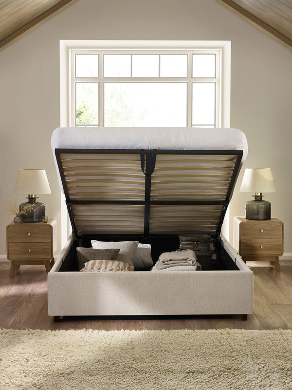 Maddock Beige Upholstered Ottoman Storage 150cm King Bed - Living with Luxury
