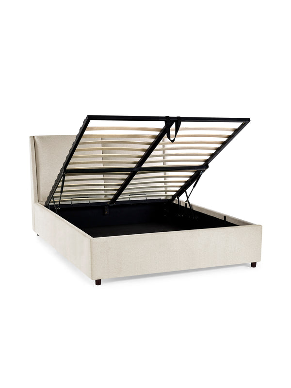 Maddock Beige Upholstered Ottoman Storage 150cm King Bed - Living with Luxury