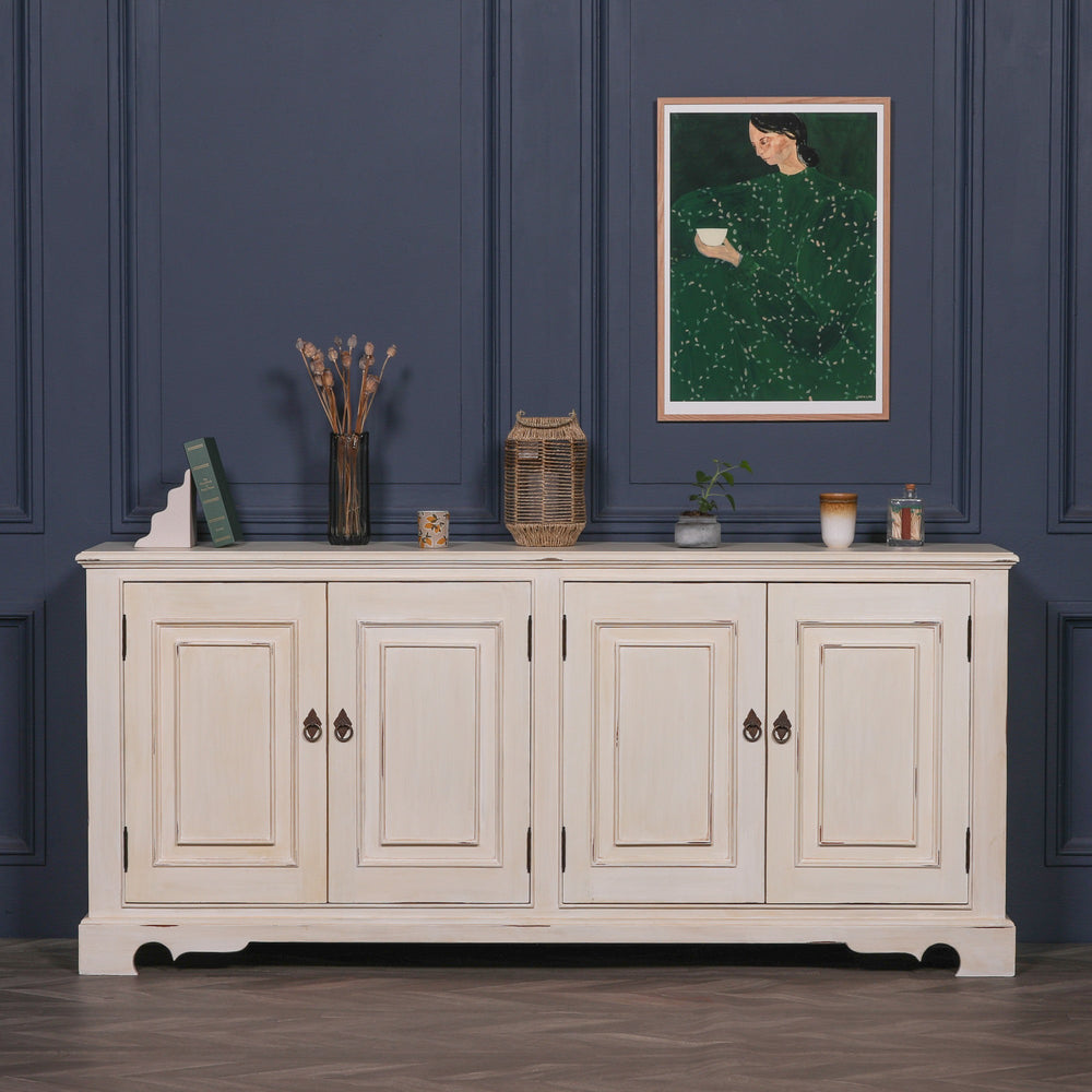 Distressed Aged White Brush Painted Classical Sideboard – view 1