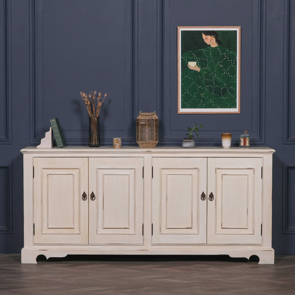 Distressed Aged White Brush Painted Classical Sideboard – view 1