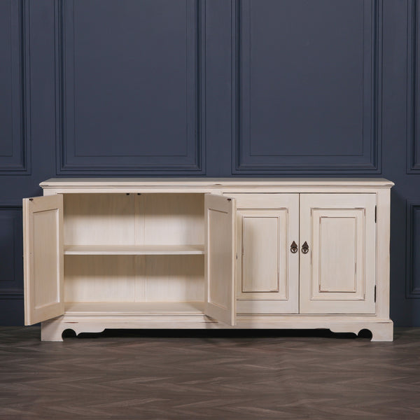 Distressed Aged White Brush Painted Classical Sideboard – view 4