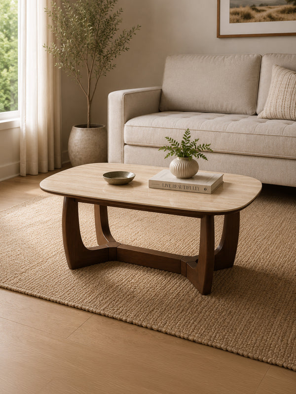 Portland Rectangular Coffee Table - Walnut Effect/Natural Stone - Living with Luxury