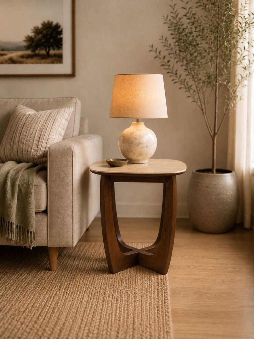 Portland Square Side Table - Walnut Effect/Natural Stone - Living with Luxury