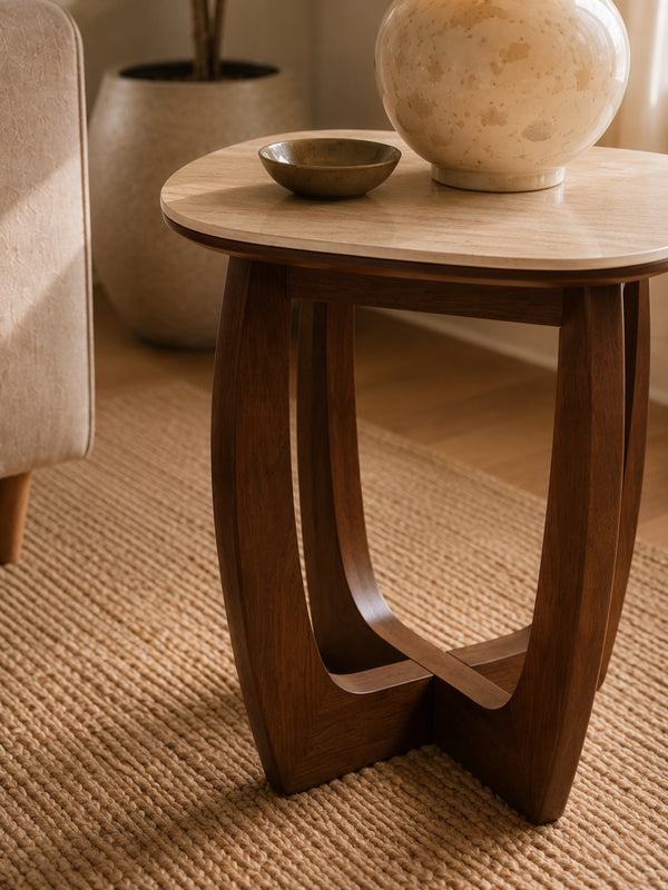 Portland Square Side Table - Walnut Effect/Natural Stone - Living with Luxury