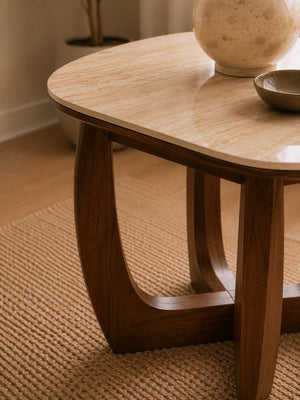 Portland Square Side Table - Walnut Effect/Natural Stone - Living with Luxury