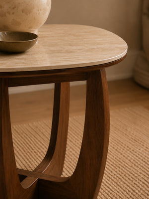 Portland Square Side Table - Walnut Effect/Natural Stone - Living with Luxury