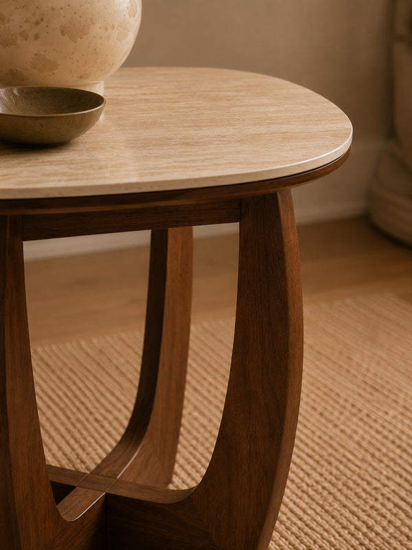 Portland Square Side Table - Walnut Effect/Natural Stone - Living with Luxury