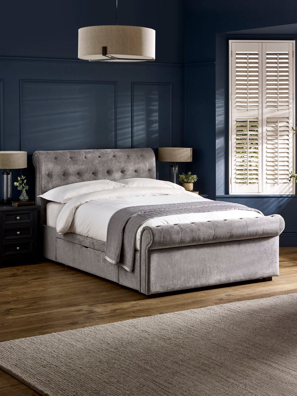Ravello Grey Chenille Upholstered 135cm Double Bed with 2 Drawers - Living with Luxury