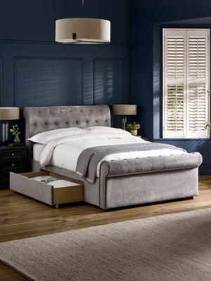 Ravello Grey Chenille Upholstered 150cm Kingsize Bed with 2 Drawers - Living with Luxury