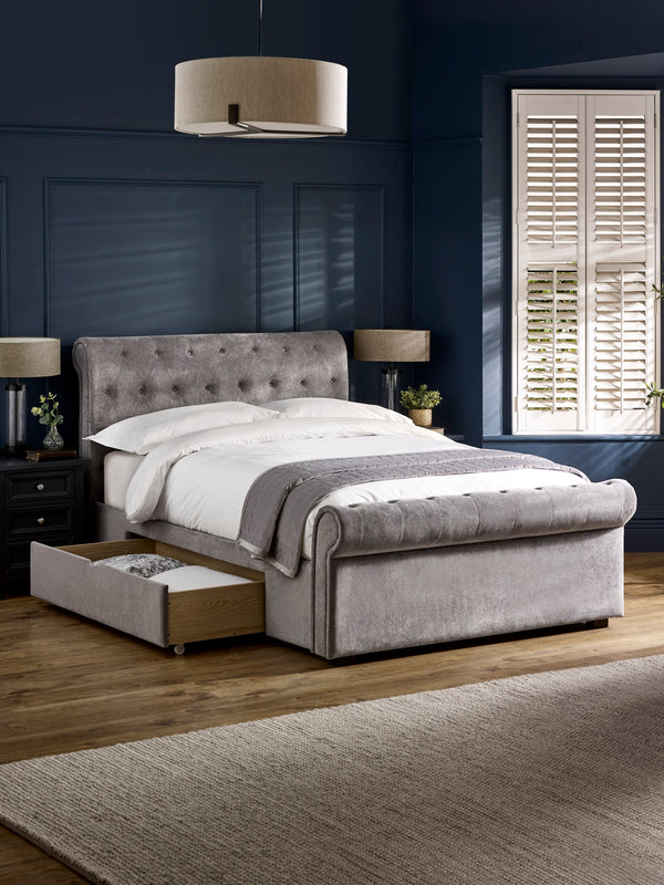 Ravello Grey Chenille Upholstered 150cm Kingsize Bed with 2 Drawers - Living with Luxury