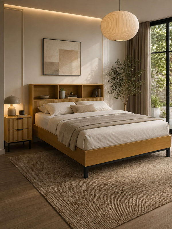 Sia Bookcase Headboard Bed - Light Oak Effect, Double - Living with Luxury