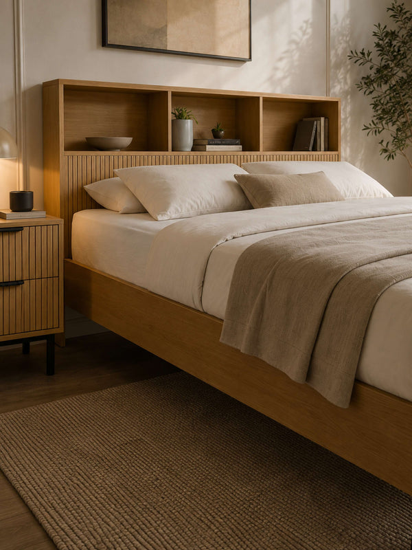 Sia Bookcase Headboard Bed - Light Oak Effect, Double - Living with Luxury