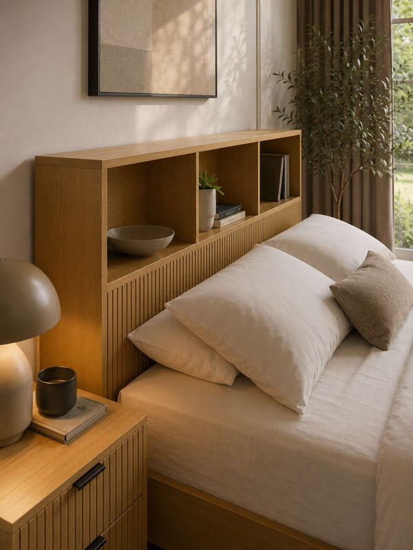 Sia Bookcase Headboard Bed - Light Oak Effect, King - Living with Luxury