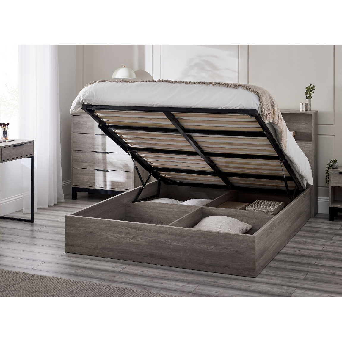 Bali Ottoman Storage Single Bed - Grey Oak - Living with Luxury