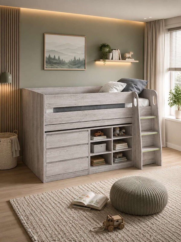Vespa Mid Sleeper Bed with Pull-Out Desk & Storage - Grey Oak Effect, Single - Living with Luxury