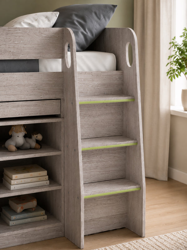 Vespa Mid Sleeper Bed with Pull-Out Desk & Storage - Grey Oak Effect, Single - Living with Luxury
